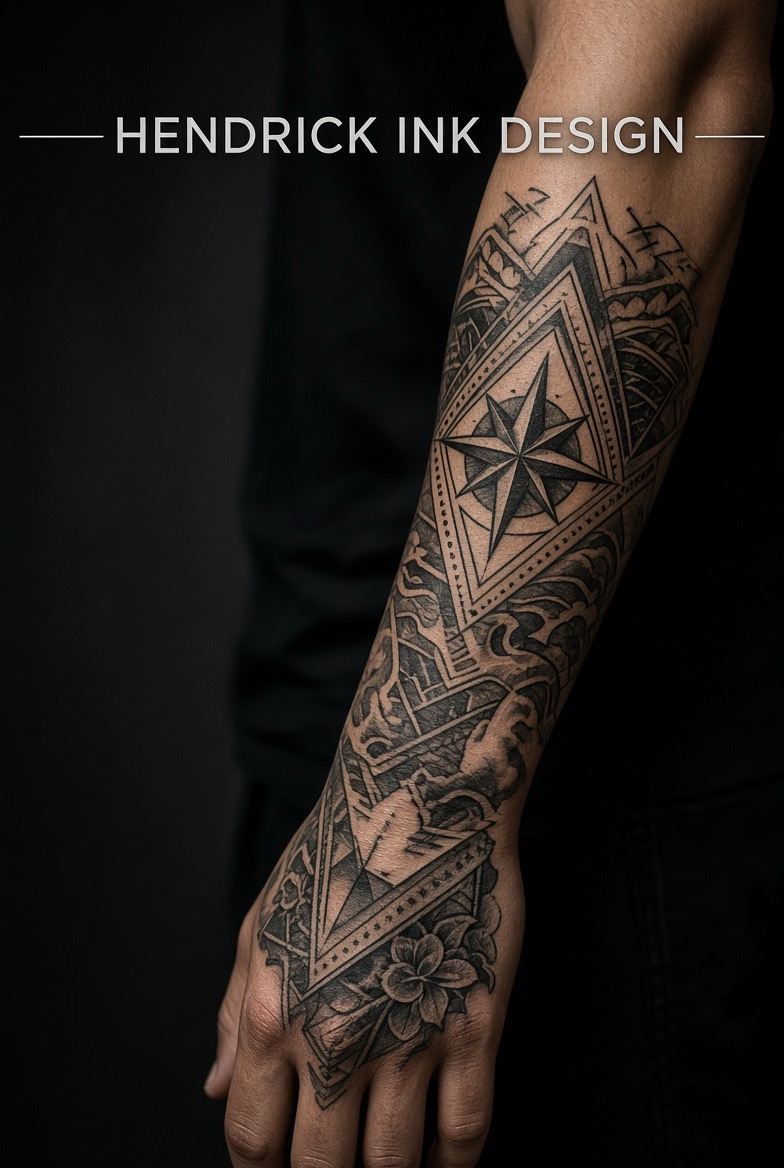 Detailed blackwork tattoo design on a client's arm and hand